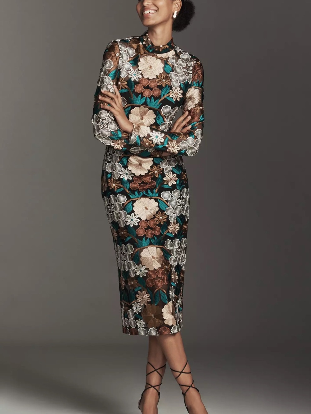 Endless Rose Mock Neck Embroidered Lace Long-Sleeve Midi Dress